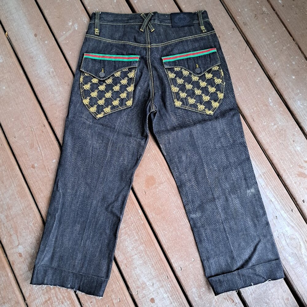 %Vintage Russo Gold Embroidered Stitched Denim Jeans 32x24 (Altered) J1